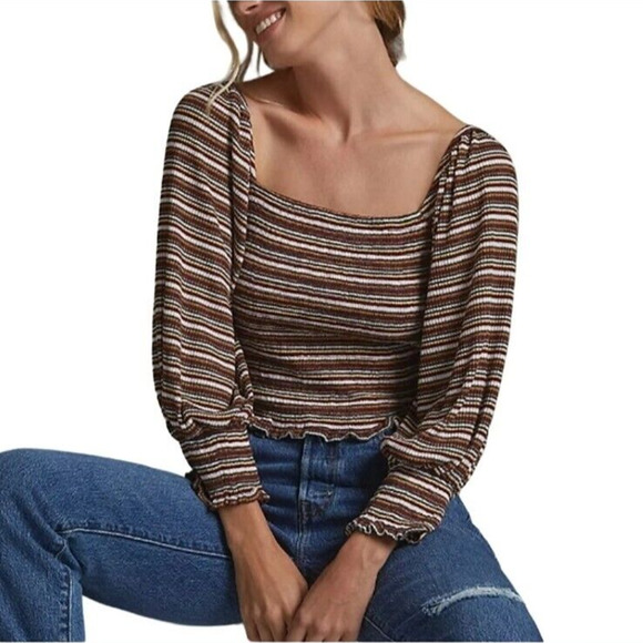 Anthropologie Square Neck Smocked Puff Sleeve Striped Top XS Ruffle 70s 80s Crop - Picture 3 of 14